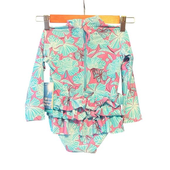 NWT Coolibar UPF 50+ •Girl 3T• Pink Ruffle Kailani Swimsuit Rash Guard Rear Zip - Picture 1 of 6